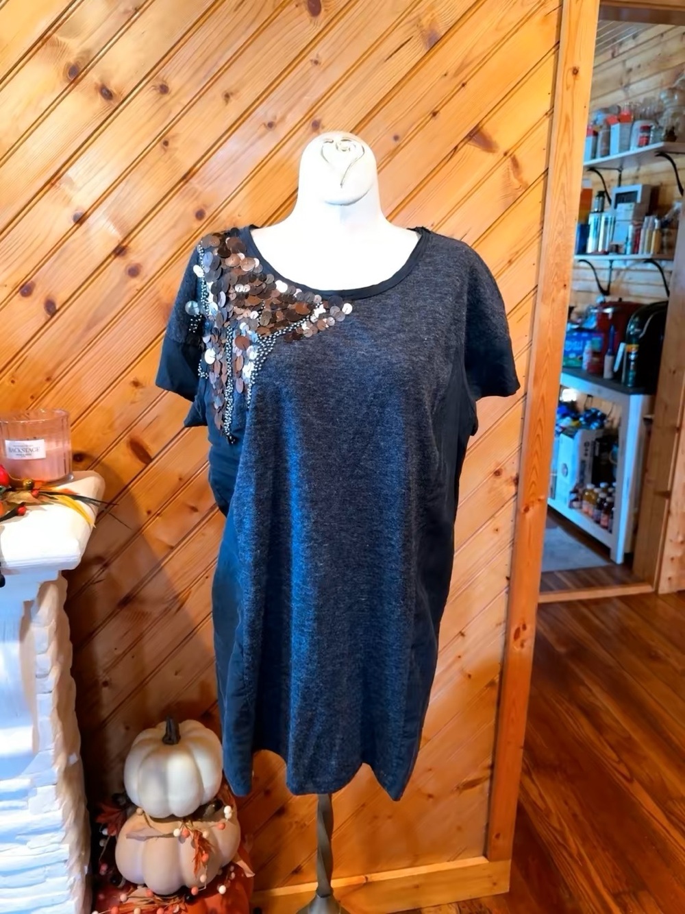 MM Couture by Miss Me Sequin Embellished Mixed Media T-Shirt Dress Medium